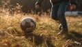 One man playing soccer on grass field in sunlight generated by AI Royalty Free Stock Photo