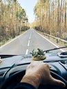 One man pov or his hands driving a vehicle on a long scenic trees asphalt road. Traveling and driving camper van truck. Freedom Royalty Free Stock Photo