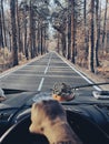 One man pov or his hands driving a vehicle on a long scenic trees asphalt road. Traveling and driving camper van truck. Freedom Royalty Free Stock Photo