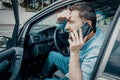 One man reporting car crash damage calling insurance roadside service Royalty Free Stock Photo