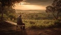 One man sitting on bench, enjoying tranquil sunset outdoors generated by AI