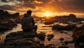 One man sitting on a rock, enjoying the sunset generated by AI Royalty Free Stock Photo