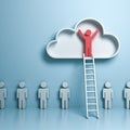 One man standing with arms wide open in the cloud with ladder above other people Royalty Free Stock Photo