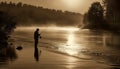 One man standing, back lit, silhouette, fly fishing at sunset generated by AI