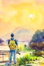 One man tourist and backpack. watercolor lanscape painting Royalty Free Stock Photo