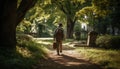 One man walking on footpath through forest with backpack generated by AI Royalty Free Stock Photo