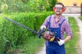 One man working in garden and shaping bush using hedge trimmer Royalty Free Stock Photo