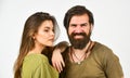 We are one. mature brutal hipster embrace pretty woman. sexy girl with handsome bearded man. hair beauty style. romantic Royalty Free Stock Photo