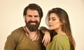 we are one. mature brutal hipster embrace pretty woman. sexy girl with handsome bearded man. hair beauty style. romantic Royalty Free Stock Photo