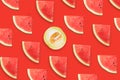 One melon Slice Stand Out Of watermelon Slices on red background. Stands out concept, to be bright, special, individual, not like