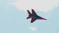 One military fast plane fly war. Fighter jet mig29 perform sky stunt air show.