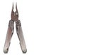 One modern gray iron open folding multifunctional knife isolated on a white background. Multitool with extended tools Royalty Free Stock Photo