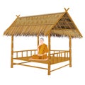 One monk meditation on grass hut