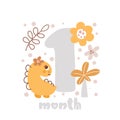 1 one month Baby month anniversary card metrics. Baby shower print with cute animal dino, flowers and palm capturing all