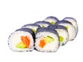 One or more maki rolls in a row with salmon, avocado, tuna and cucumber isolated on white background. Fresh hosomaki pieces with r Royalty Free Stock Photo