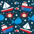 Seamless pattern with sea animals and boats. Royalty Free Stock Photo