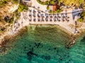 One of the most well known beaches in Greek island Thasos or Thassos town down aerial view