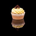 One muffin cupcake with yellow cream and pieces of chocolate