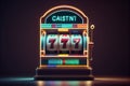 One neon shining casino slot machine at empty room.generative ai