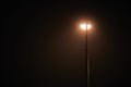 One night lamppost shines with faint mysterious yellow light through evening fog, left copy space