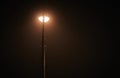 One night lamppost shines with faint mysterious yellow light through evening fog, right copy space