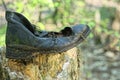one old black torn leather boot stands on a gray stump Royalty Free Stock Photo