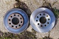 One old damaged and another new brake discs Royalty Free Stock Photo