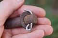 One old iron brown bolt with washer rests Royalty Free Stock Photo