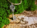 One old key lies on the moss on the background of an old map, the key to treasure, travel and adventure Royalty Free Stock Photo