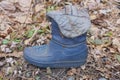 one old torn dirty rubber blue gray boot Royalty Free Stock Photo