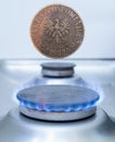 One old Poland coin zloty over gas burner