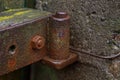 One old wet brown iron rusty door hinge on a wooden door Royalty Free Stock Photo