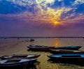 Pilgrims enjoying early sunrise boat ride on Ganga/Ganges river in Varanasi, India Royalty Free Stock Photo