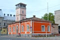 Wooden fire station building with a tower in Sortavala