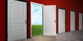 One open door among closed ones. Concept of choice Royalty Free Stock Photo