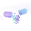 One opened medical pill capsule with colorful spherical drug particles spilled on surface. 3d illustration