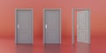 One opened and two closed doors on orange color background. 3d render Royalty Free Stock Photo