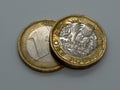 Pound coin slightly atop a euro coin Royalty Free Stock Photo