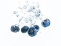 Blueberries splashing in water isolated on white background. Product photography, antioxidant concept. Royalty Free Stock Photo