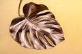 One painted golden bronze monstera leaf isolated on shiny yellow golden silk fabric background. Close up, top view.