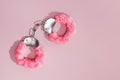 One pair of fluffy pink hand cuffs Royalty Free Stock Photo