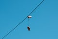 One pair of shoes hanging from a wire