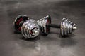 Two steel chrome-plated collapsible dumbbells lie on the gray floor