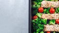 One pan dish, baked salmon fillet with broccoli and tomato on tray, horizontal, top view, copy space Royalty Free Stock Photo