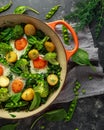 One Pan Green shakshuka with kale, broccoli, sweet peas, spinach and dill with free range eggs, perfect supper.