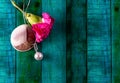 One pearl necklace with a pink carnations flower and a sea shell over green background. Vanetine`s gift concept Royalty Free Stock Photo