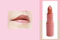 One pencil of pink lipstick on a white background, female lips with make-up, makeup selection concept, natural cosmetics