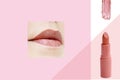 One pencil of pink lipstick on a white background, female lips with make-up, smeared sample, makeup selection concept, natural