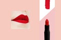 One pencil of red lipstick on a white background, female lips with make-up, smeared bright sample, makeup selection concept,