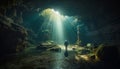 One person adventure exploring the deep, dark underwater grotto generated by AI